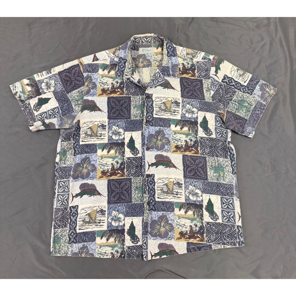 Vintage Kolekole Mens XL Hawaiian Shirt Blue Patchwork Cotton Made in USA
